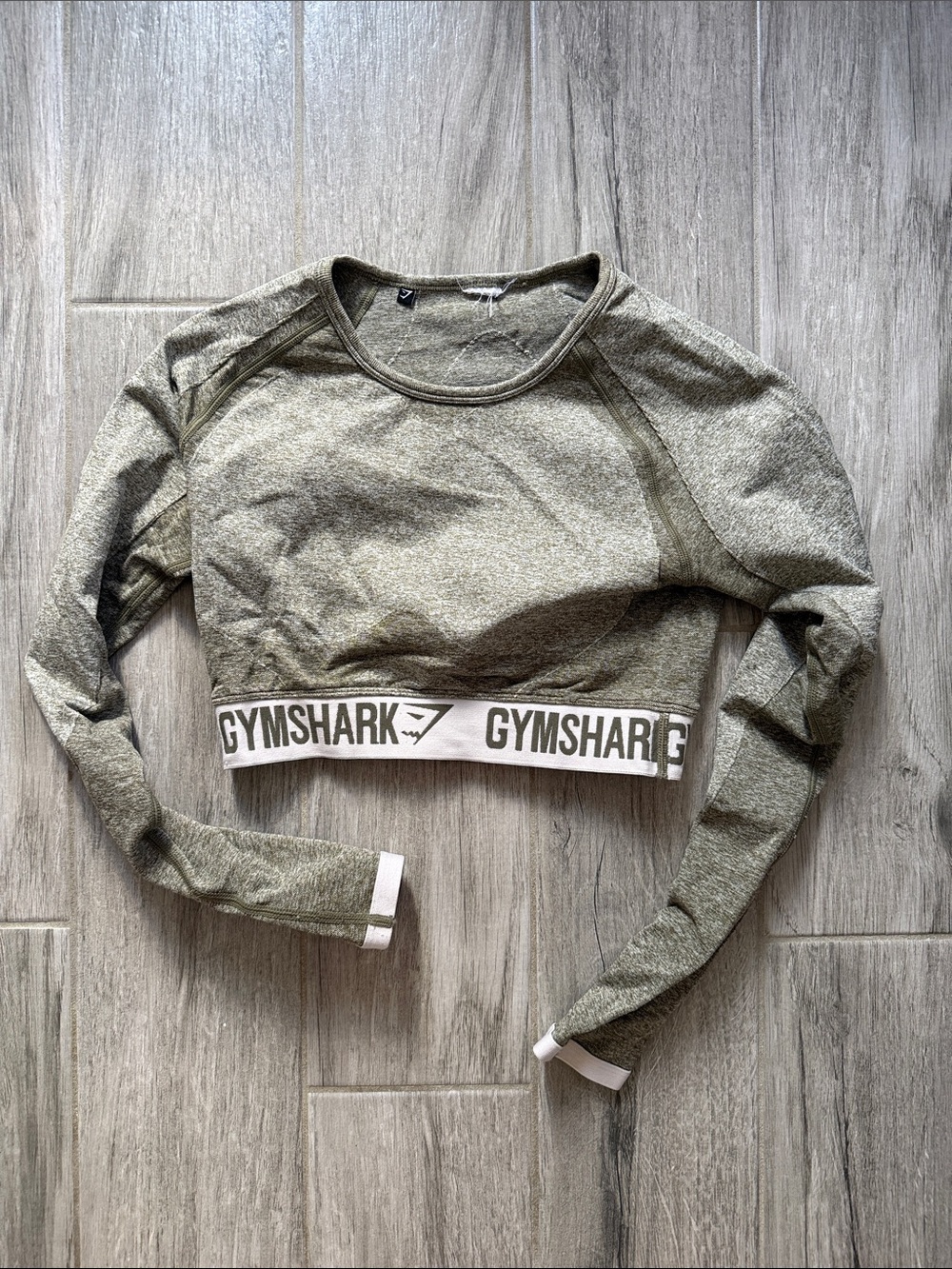 Gymshark Olive Green Long Sleeve Cropped Top with Branded Hem